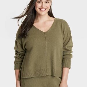 Olive Green V-Neck Women's Sweater